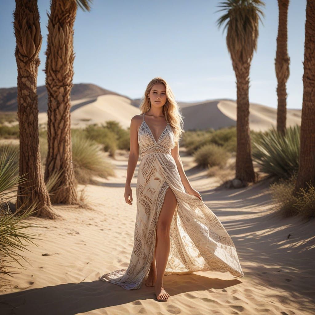 Desert Oasis: Woman in Tribal Dress Photorealistic Image
