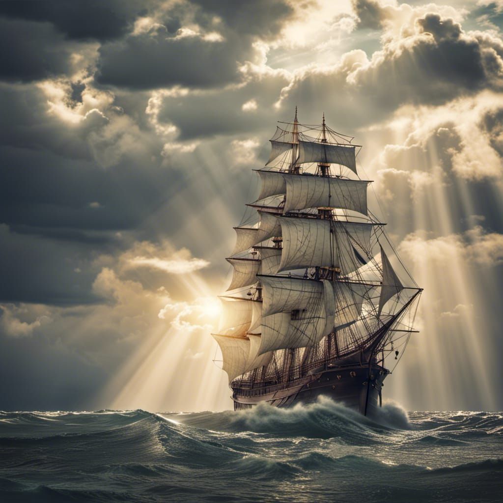 Old Ship Sails Stormy Seas in Divine Light