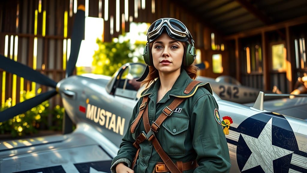 Female Pilot in Vintage Aviation Attire, Beside Restored P51...