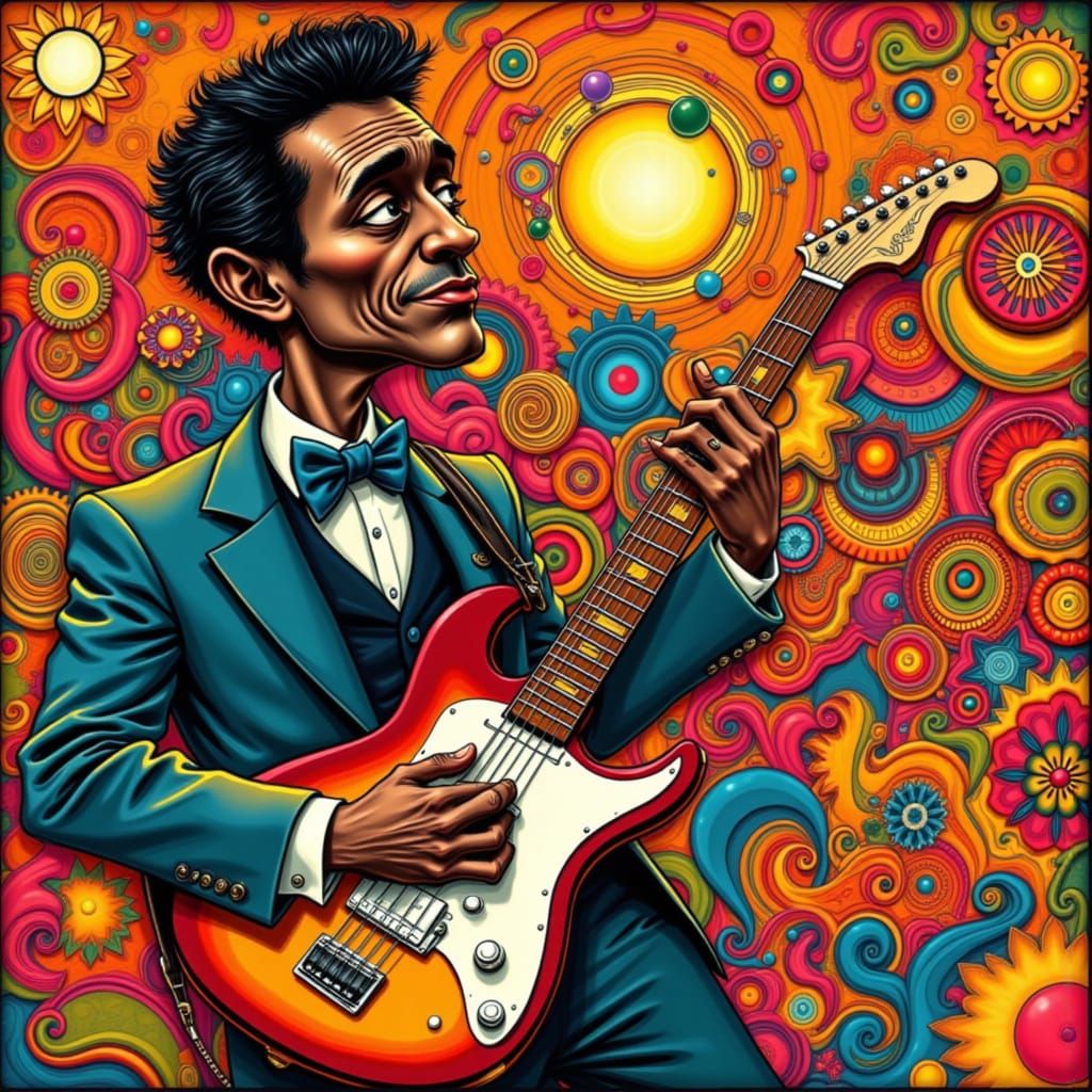 Chuck Berry Caricature Playing Guitar in Whimsical Style