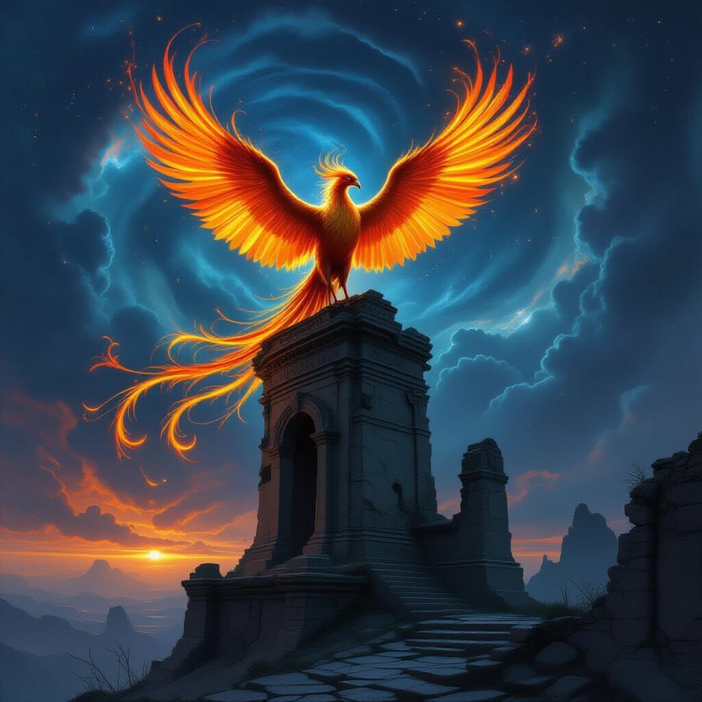Majestic Phoenix Atop Ancient Observatory Under Swirling Gal...