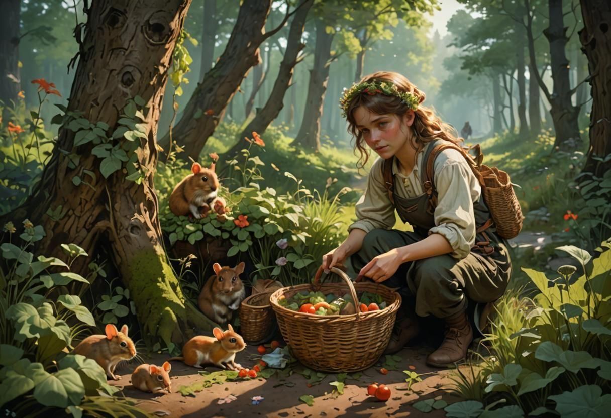 Forest Edge Scene: Peasant Girl with Rodents in Art Nouveau ...
