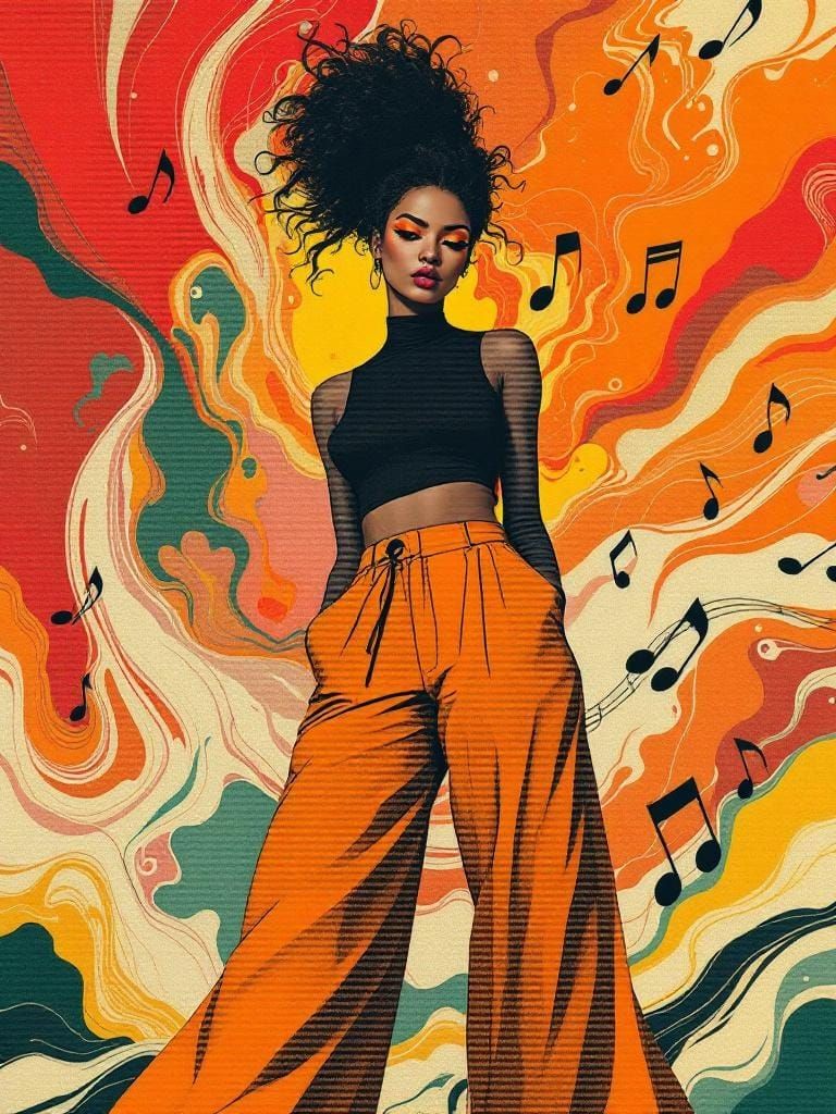 Woman in Orange Pants with ASCII Art Overlay