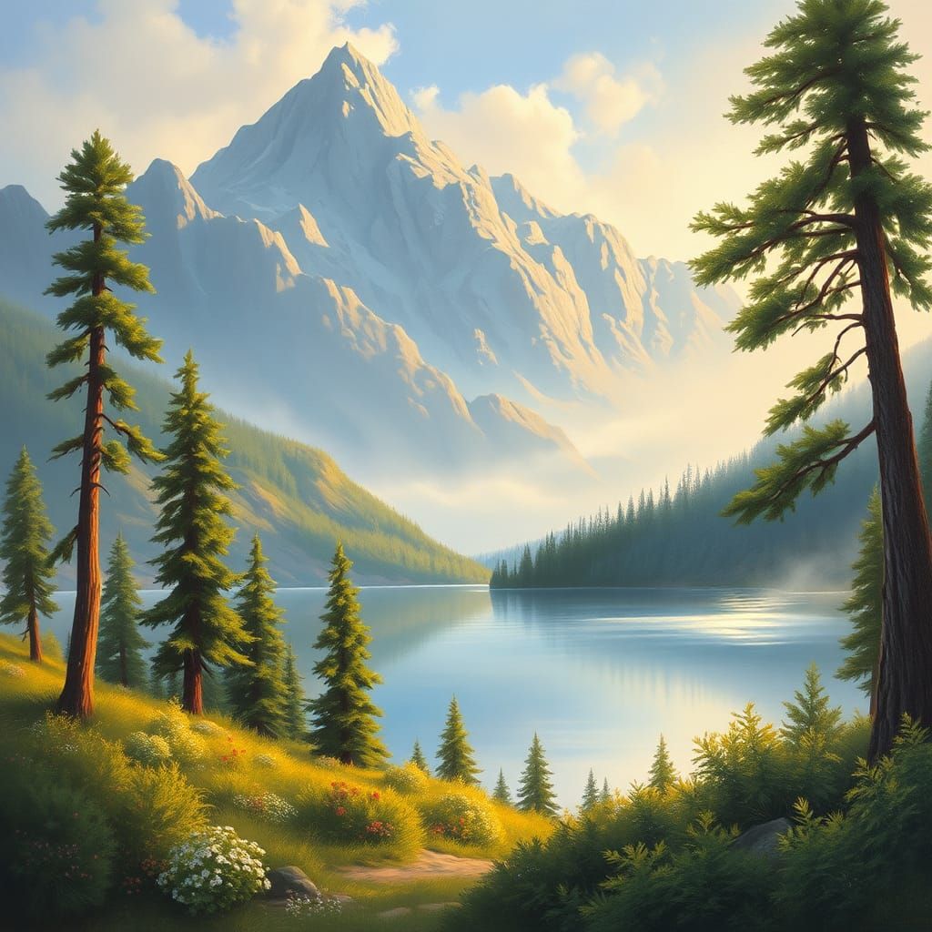 Serene Mountain Landscape in Classic Painting Style