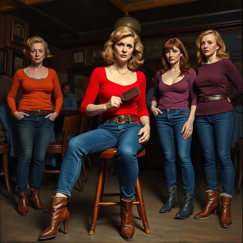 Stern Women in Dimly Lit Pub, Realistic Portraiture