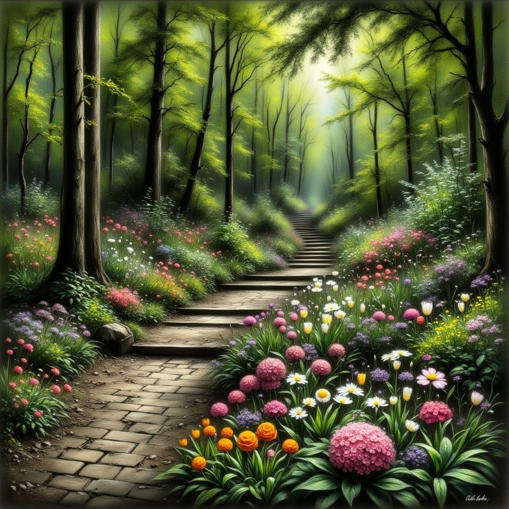 Enchanting Forest with Cobblestone Path and Colorful Flora