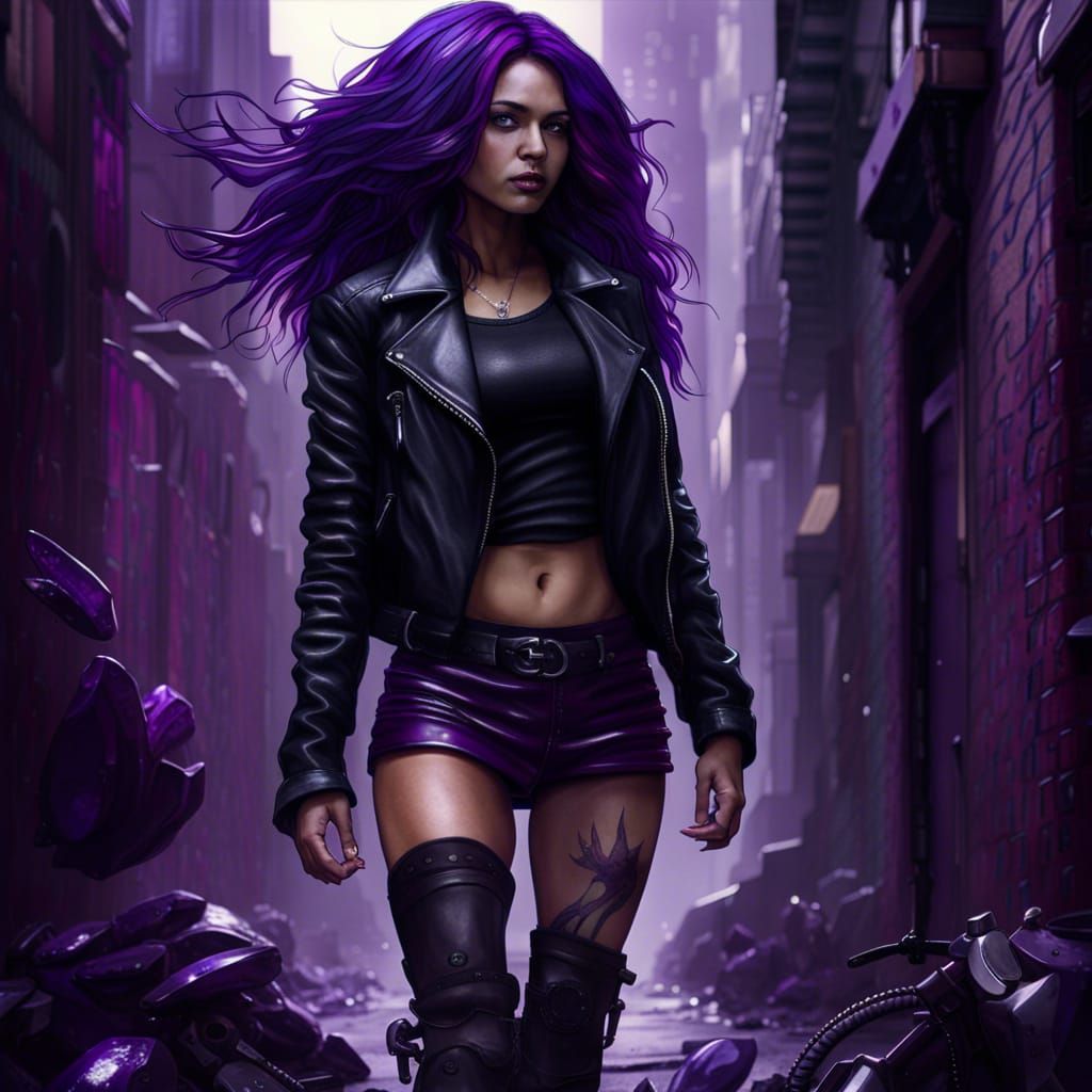 Purple-Haired Woman in Back Alley: Detailed Matte Painting