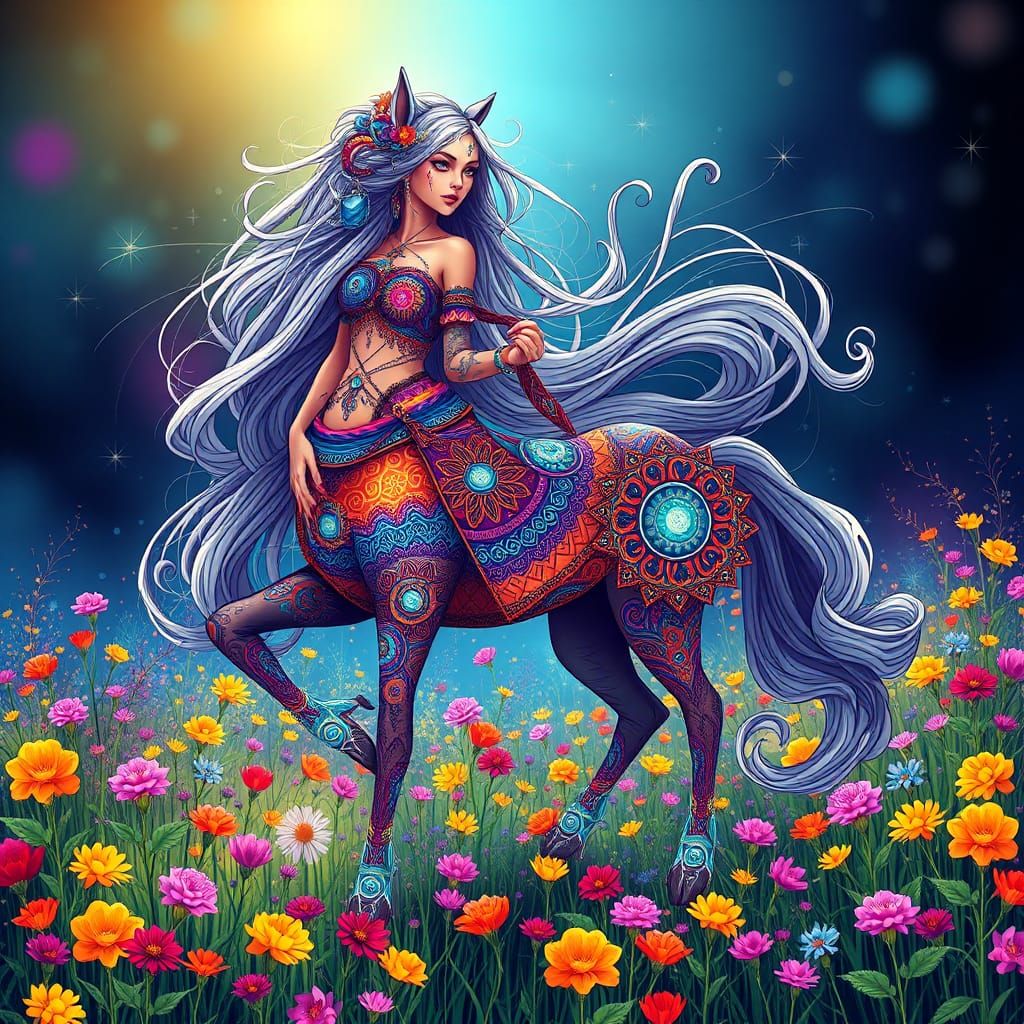 Centaur Woman in Cyberpunk Style with Wildflowers