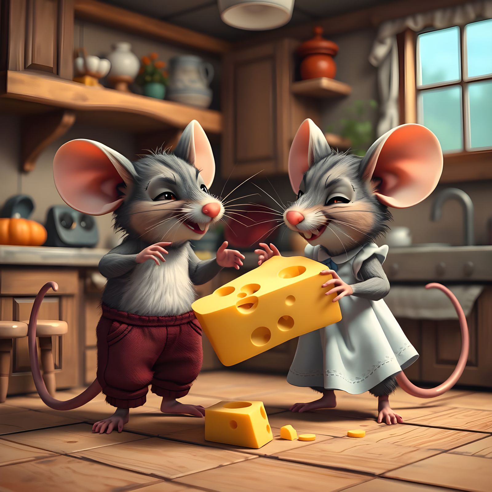 Adorable Mice Battle Over Cheese in a Cozy Cartoon Kitchen