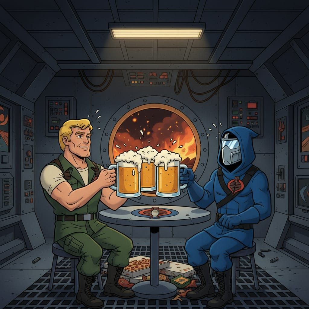 G.I. Joe and Cobra Commander Enjoy Beers in Bunker