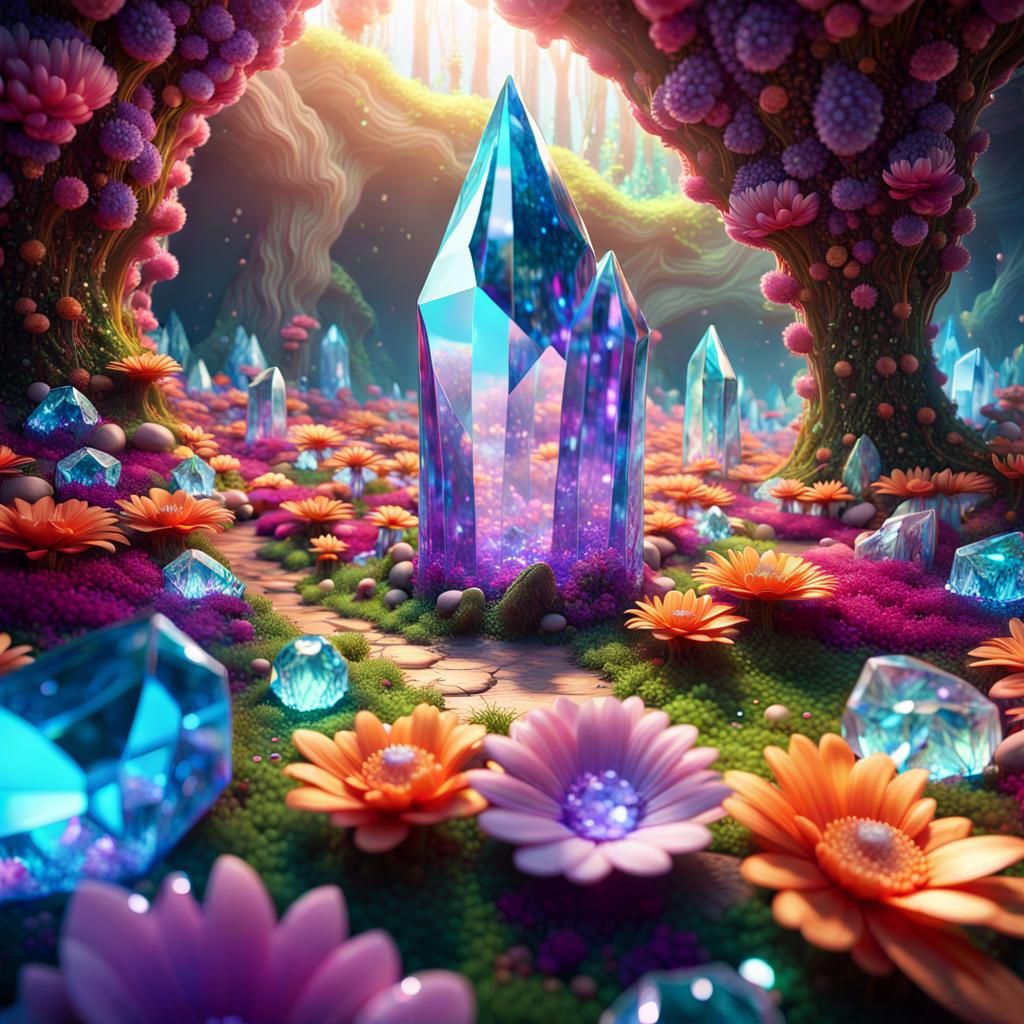 Enchanted Crystal Garden in Psychedelic Holographic Art