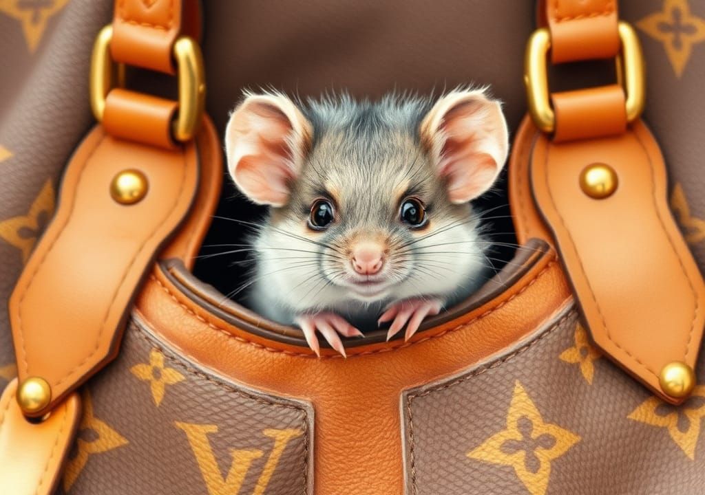 Mouse Mischief in Designer Bag, Watercolor Illustration
