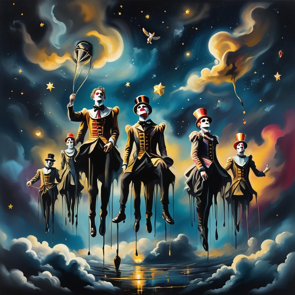 Surreal Circus Performers in Starless Night Sky