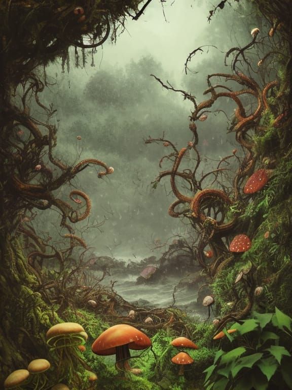 Enchanted Forest with Colorful Mushrooms and Exotic Animals