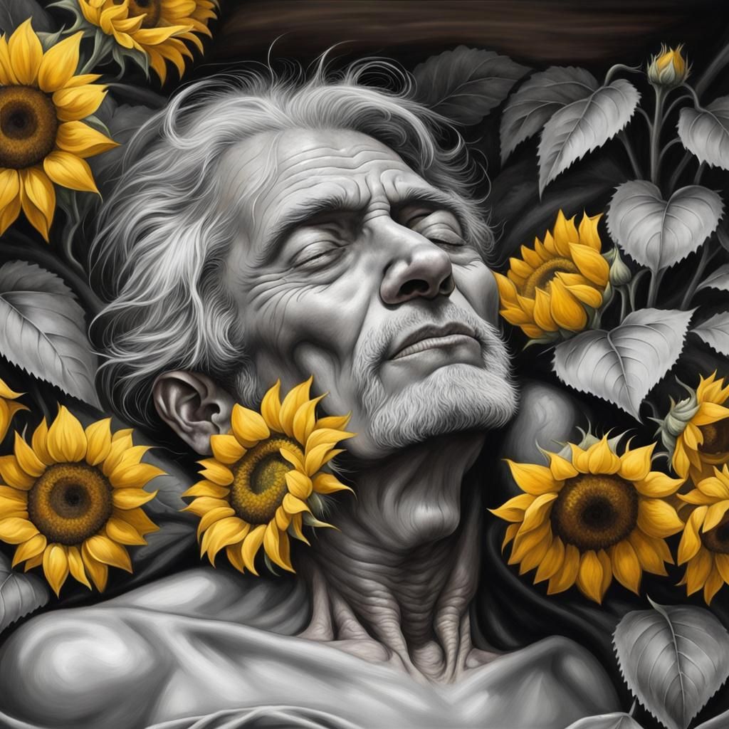 Old Man in Coffin with Sunflowers: Charcoal Drawing