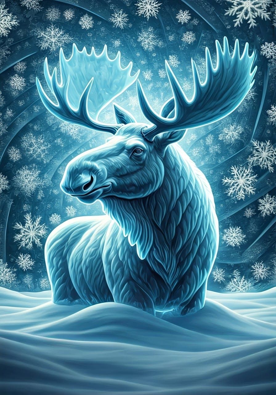 Majestic Ice Moose in Volumetric Snowflake Landscape