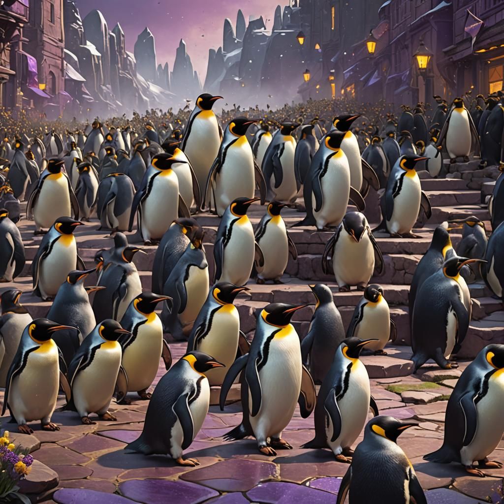 Penguins March in Dark Fantasy Style, 8K