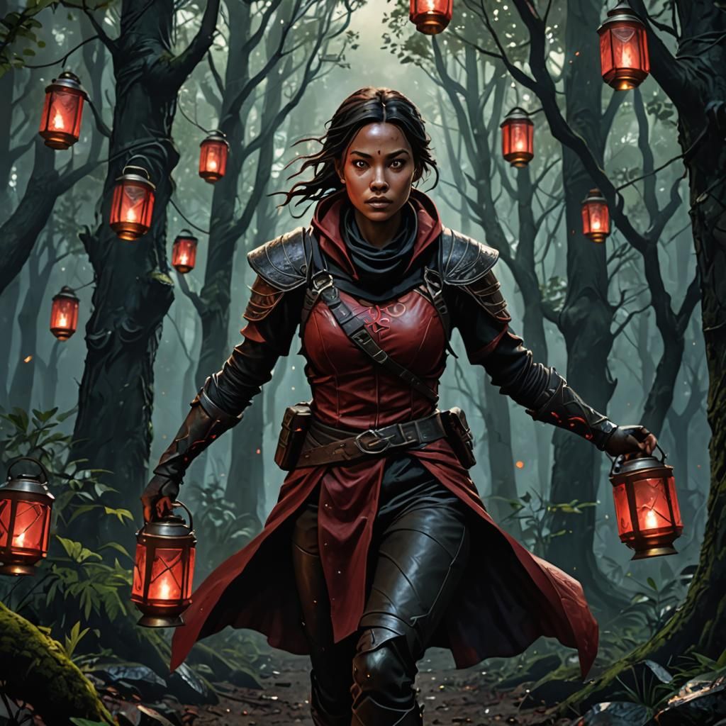Monk in Forest with Red Magic Character Art