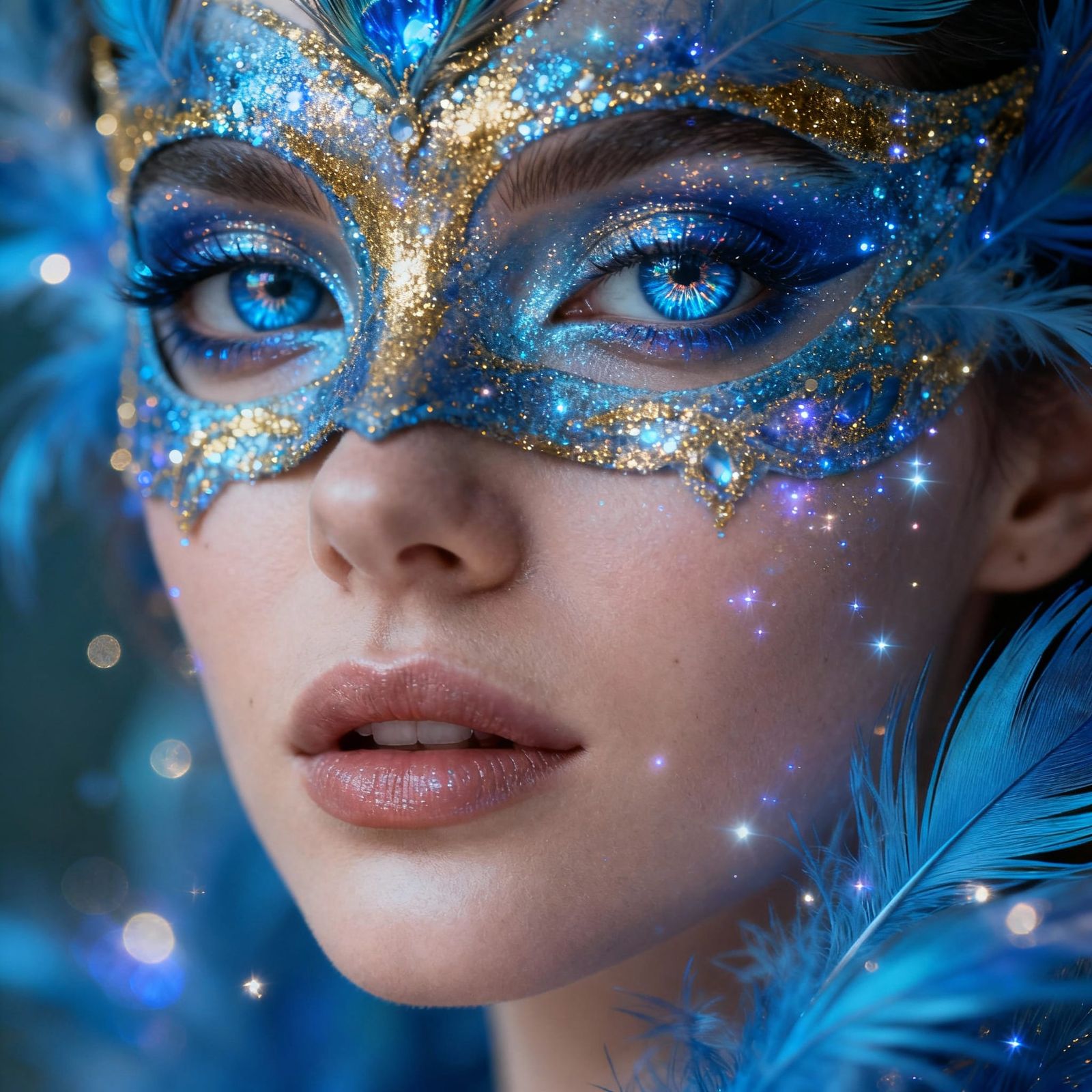 Mystical Woman Portrait with Glitter Makeup and Blue Feather...