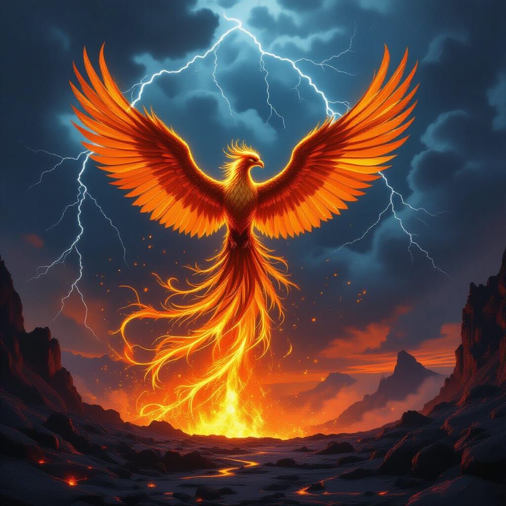 Majestic Phoenix Of Molten Gold Rises From Volcanic Caldera