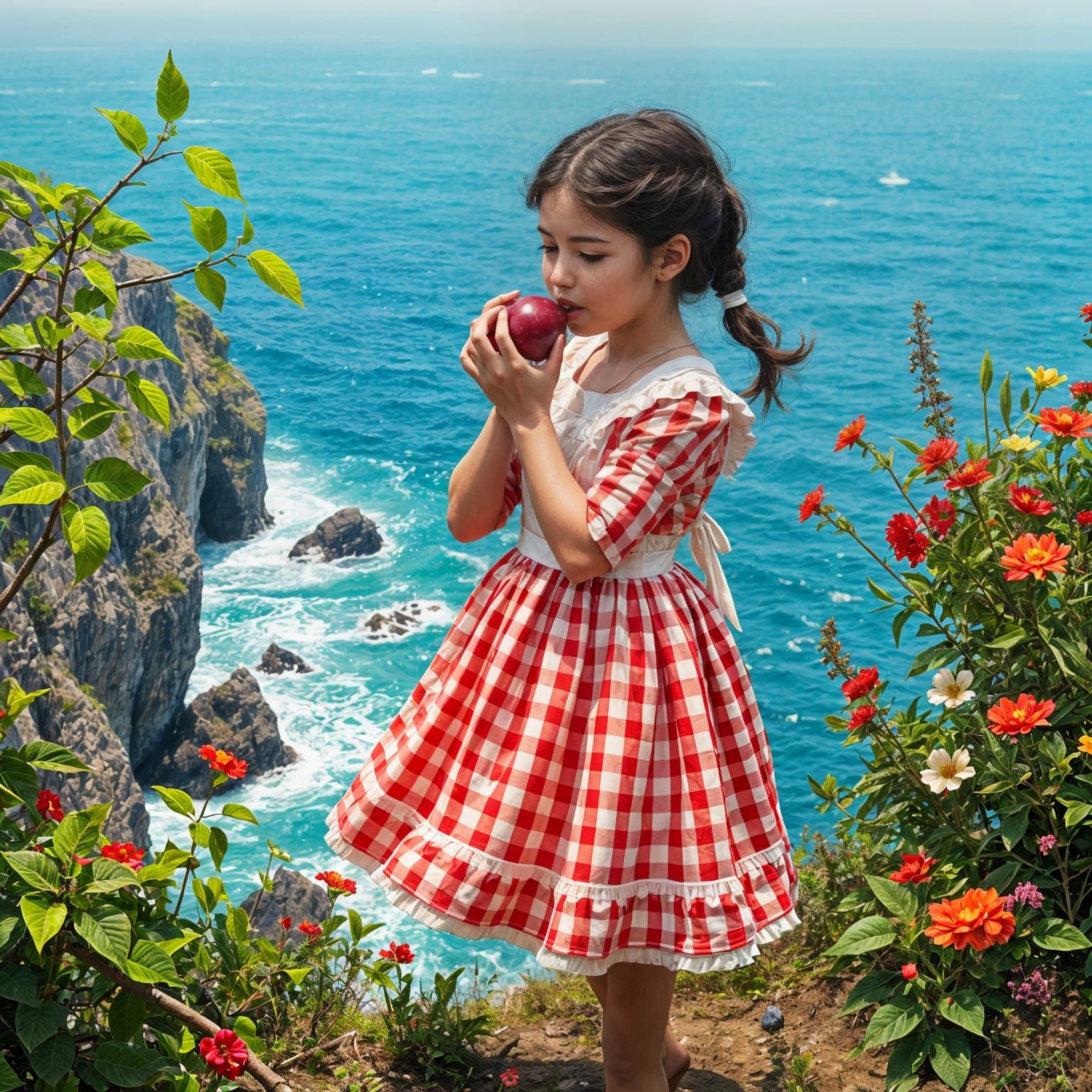 Girl in Red Gingham Print Dress Stands on Cliff Edge