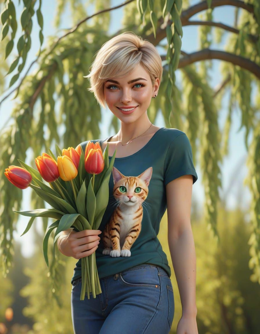 Pixie Woman Basks in Sunny Day with Tulips and Space Cat Tee