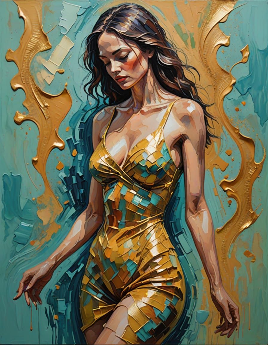 Abstract Female Figure Oil Painting with Gold Leaf Accents