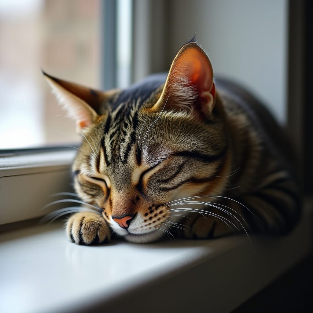 Tabby Cat Asleep on Windowsill with Paw Over Nose