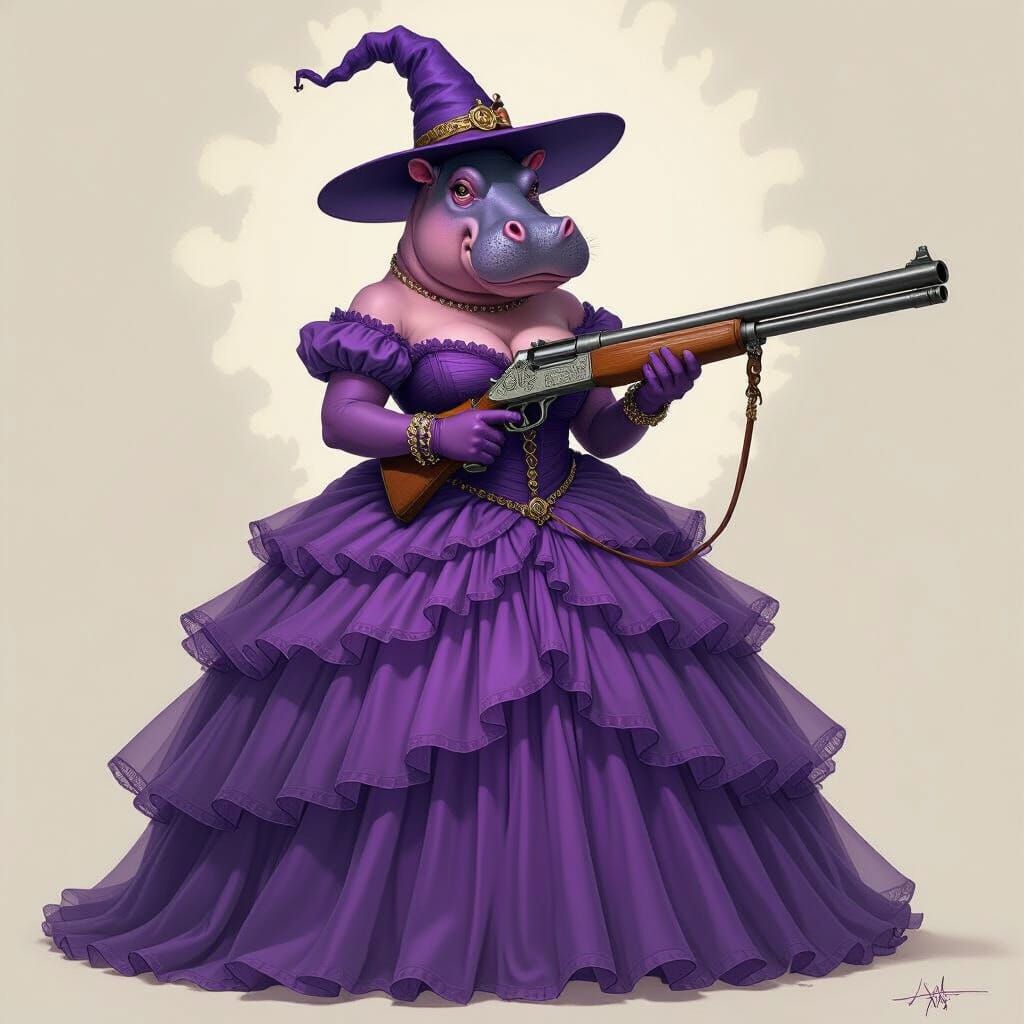Purple Hippo Ballgown with Shotgun, Fantasy Industrial Style