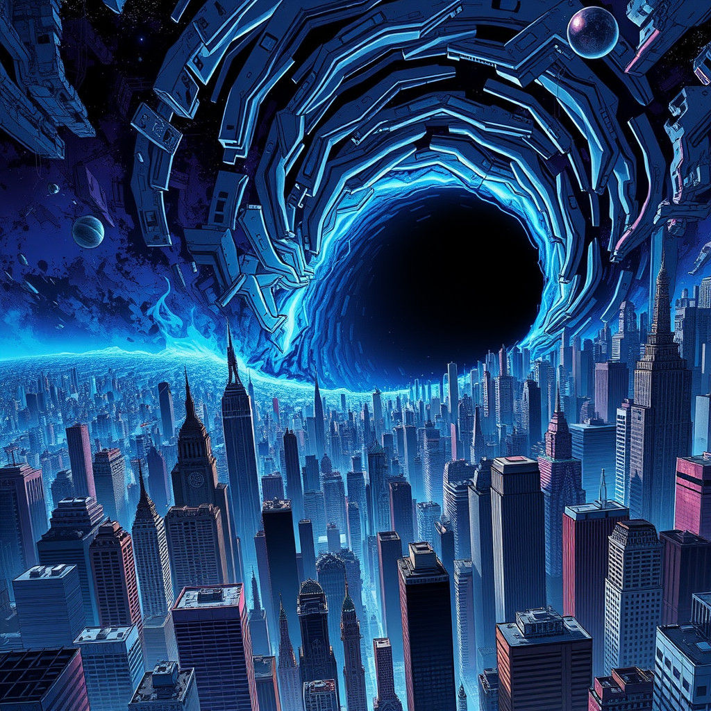 Metropolis Swallowed by Black Hole in Anime Style