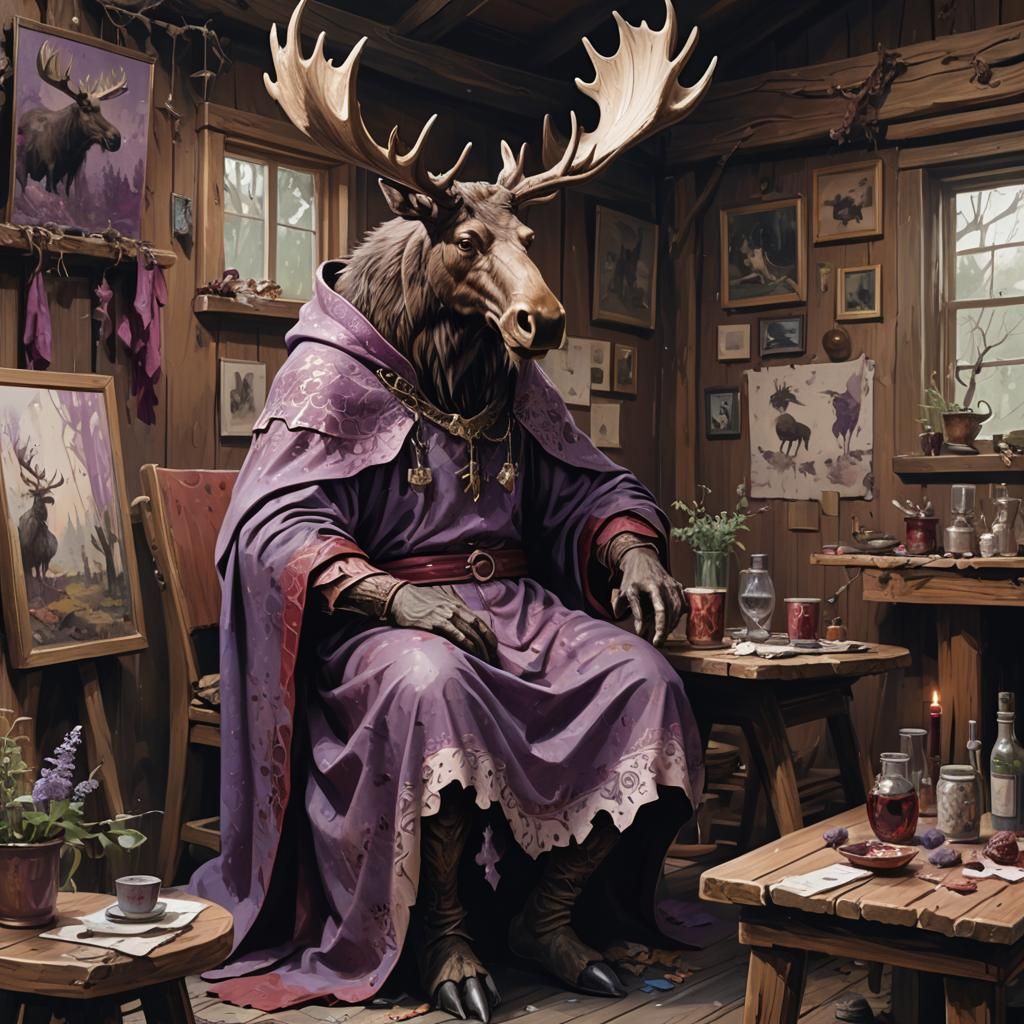 Anthropomorphic Moose in Dark Fantasy Home, Alphonse Mucha S...