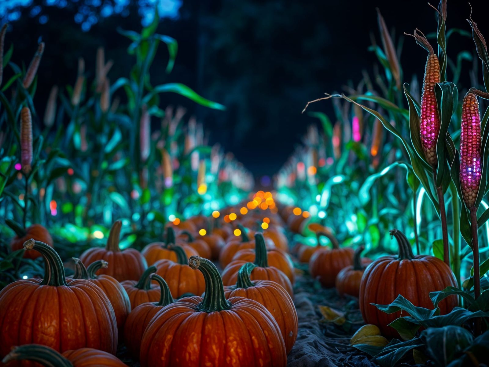Magical Autumn Harvest: Glowing Pumpkins and Colorful Corn F...