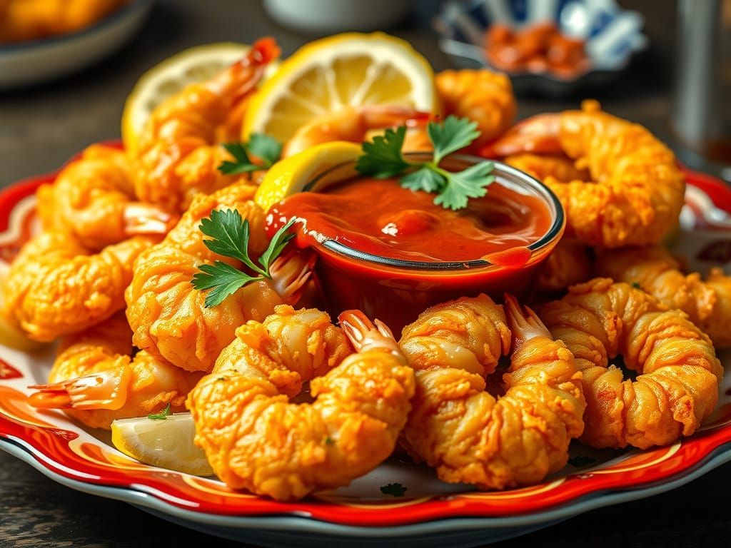 Golden Fried Shrimp in Vibrant Coastal Style