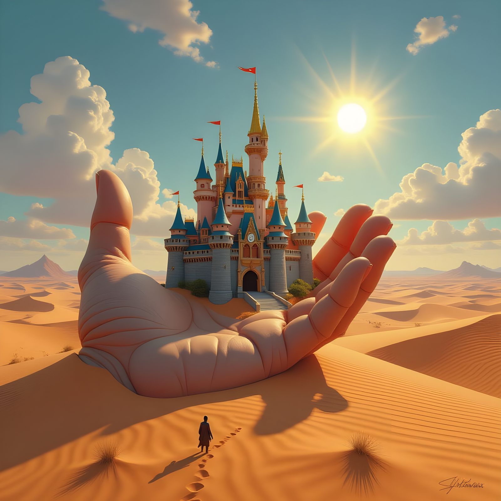 Colossal Hand Holds Miniature Castle in Desert