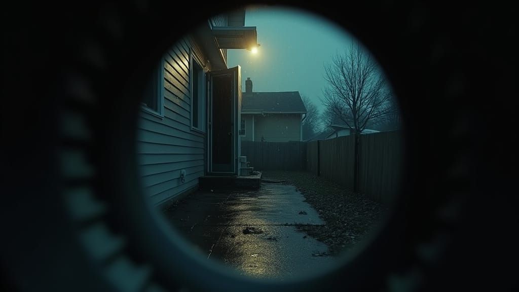 Rainy Porch Through Peephole: Cinematic Film Still