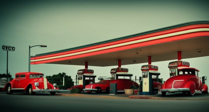 Retro Gas Station with 1930s Cars
