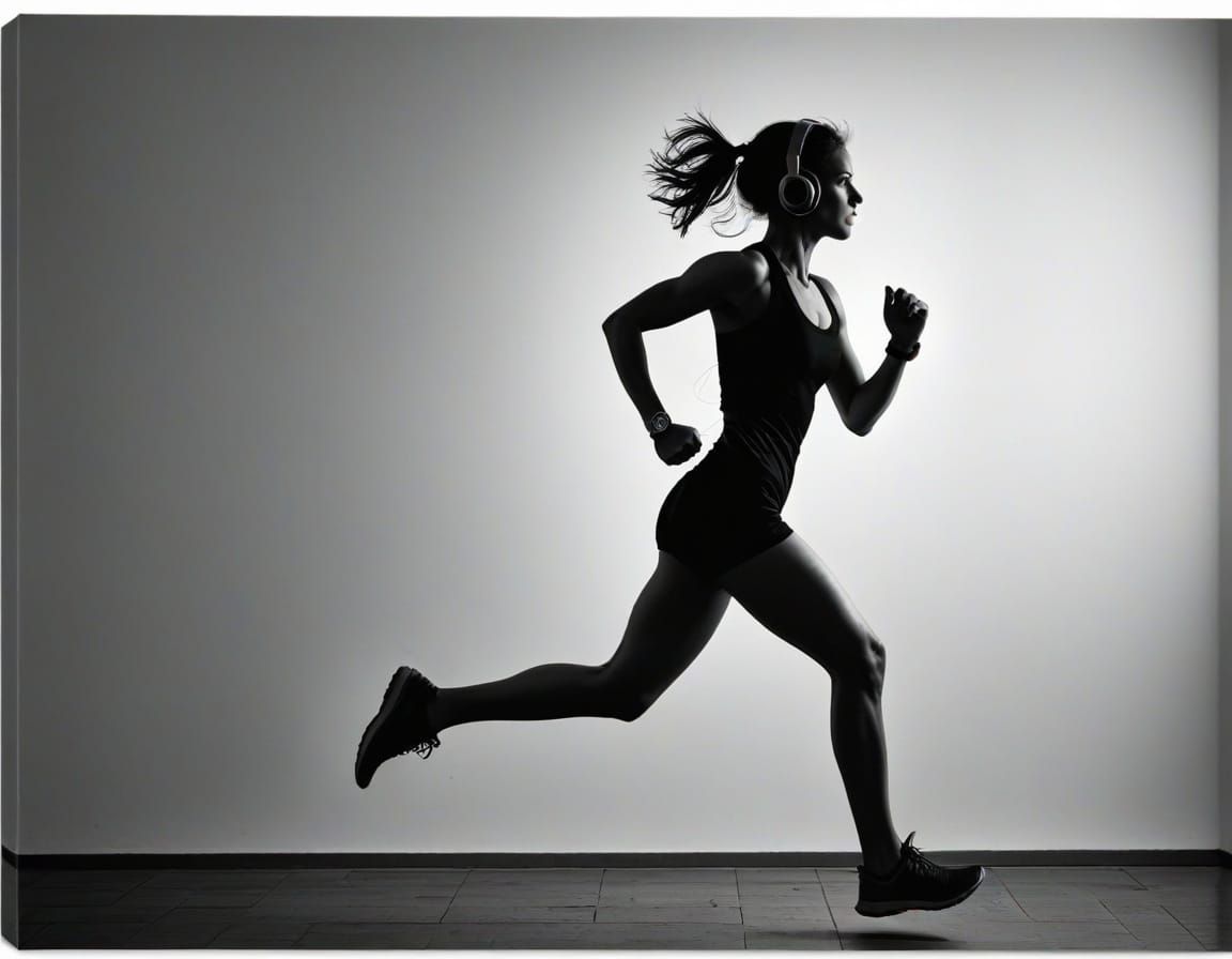 A silhouette of a woman running with headphones on.
