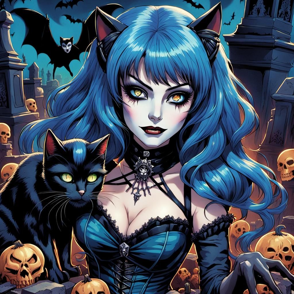 Manga Dark Fantasy: Elvira in Cemetery with Cats