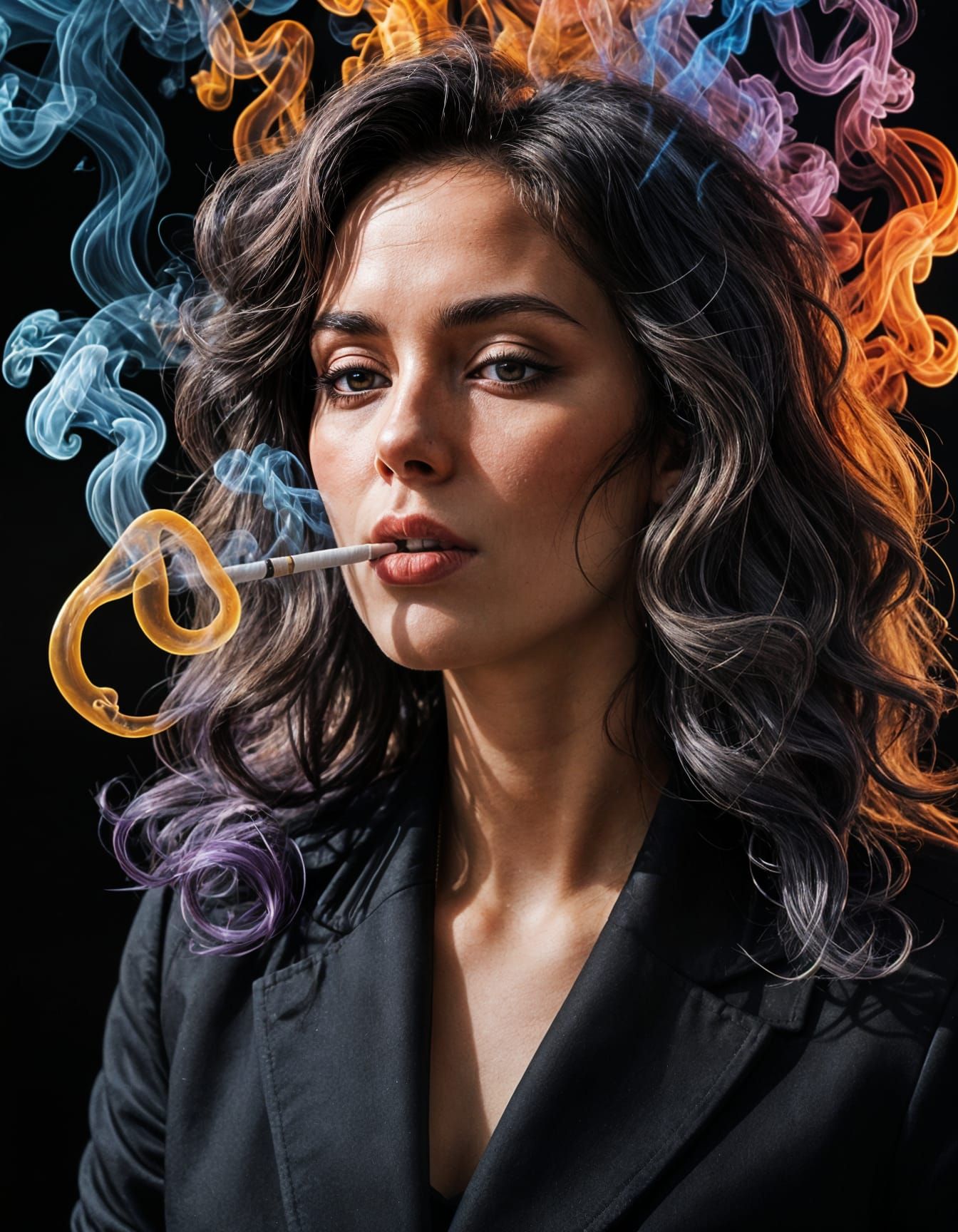 Woman in Black Jacket Smoking, Photorealistic Psychedrama