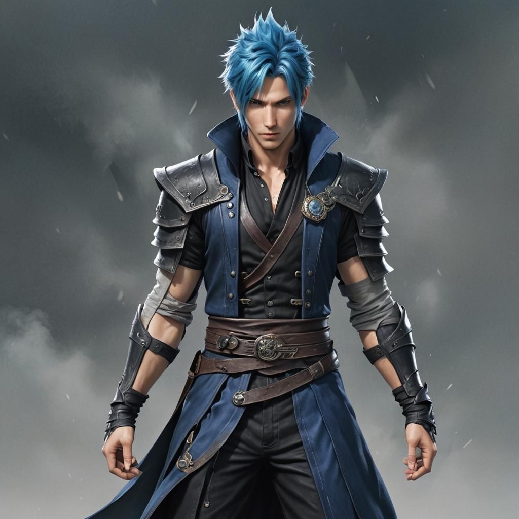 Realistic Final Fantasy Fighter Mage with Blue Hair