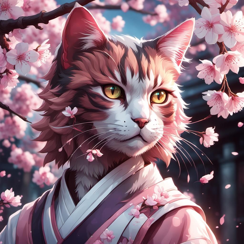 Hyperdetailed Cherry Blossom Nekomata Portrait