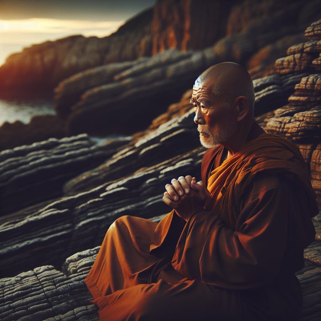 Contemplative Monk Meditating at Sunset