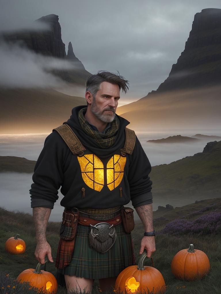 Kilted Scotsman with Pumpkin at Skye Waterfall