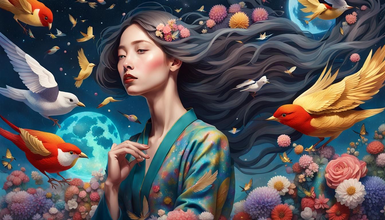 Woman Holding Galaxy with Birds and Flowers