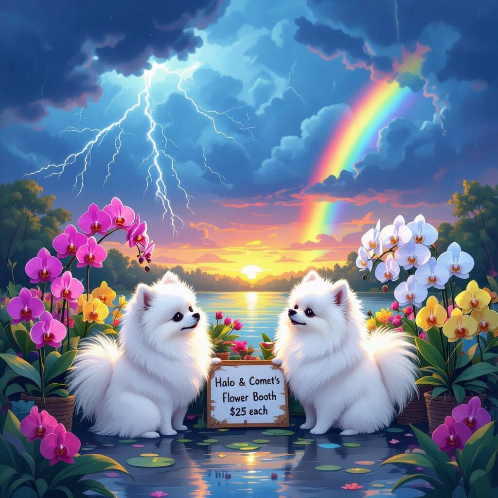 Pomeranians Set Up Orchid Stand in Stormy Swamp
