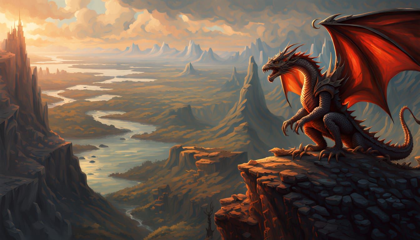 Elf on Dragon Over Alien City at Twilight