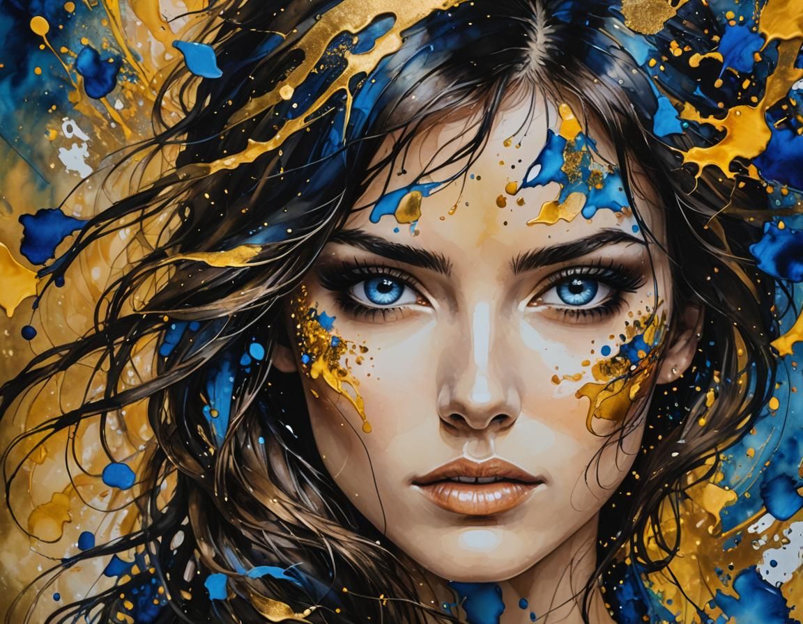 Beautiful Woman Portrait in Alcohol Ink Splatter Art