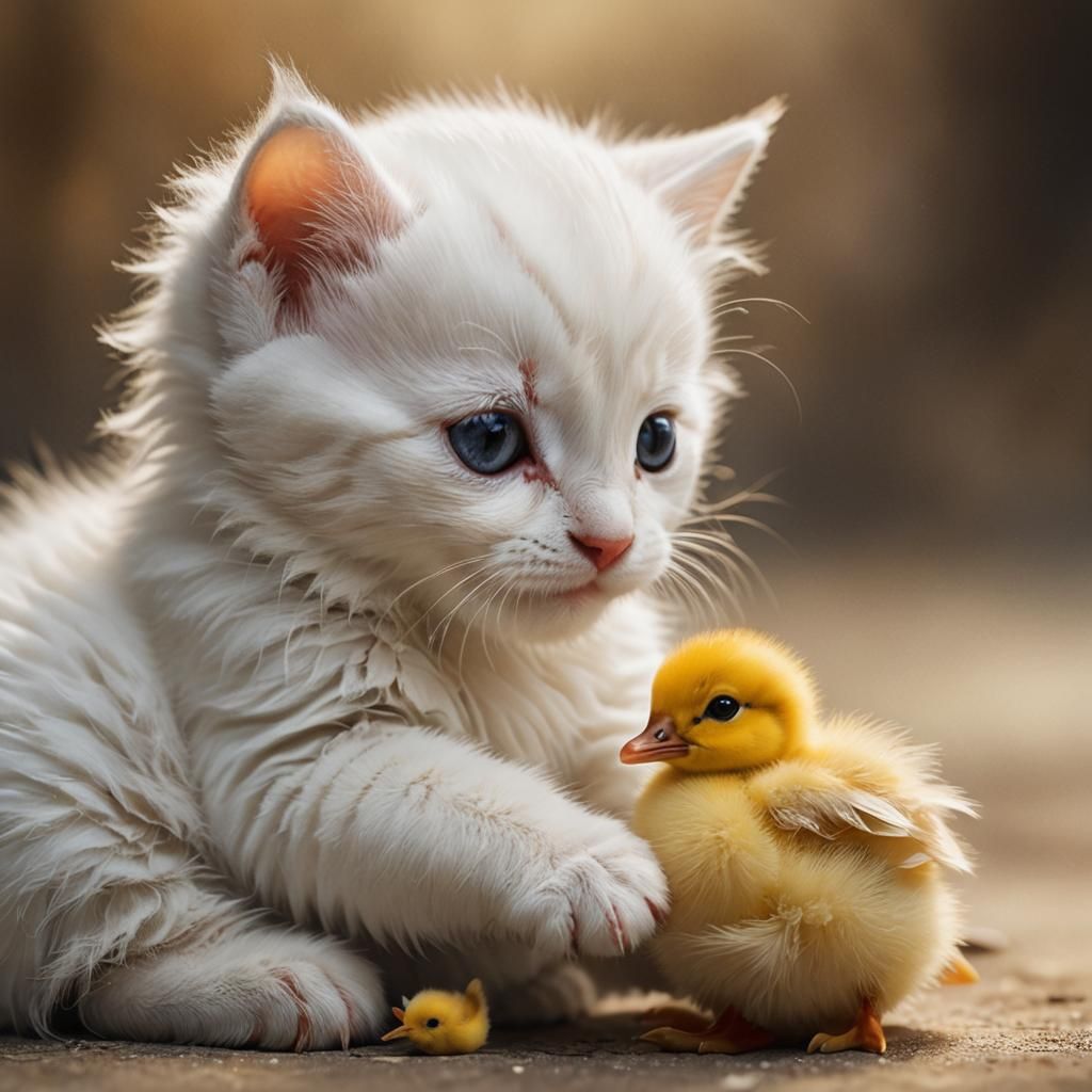 Kitten and Duckling in Detailed Matte Painting