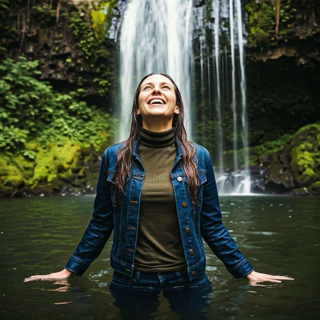 Woman Swims Under Waterfall in Lush Forest