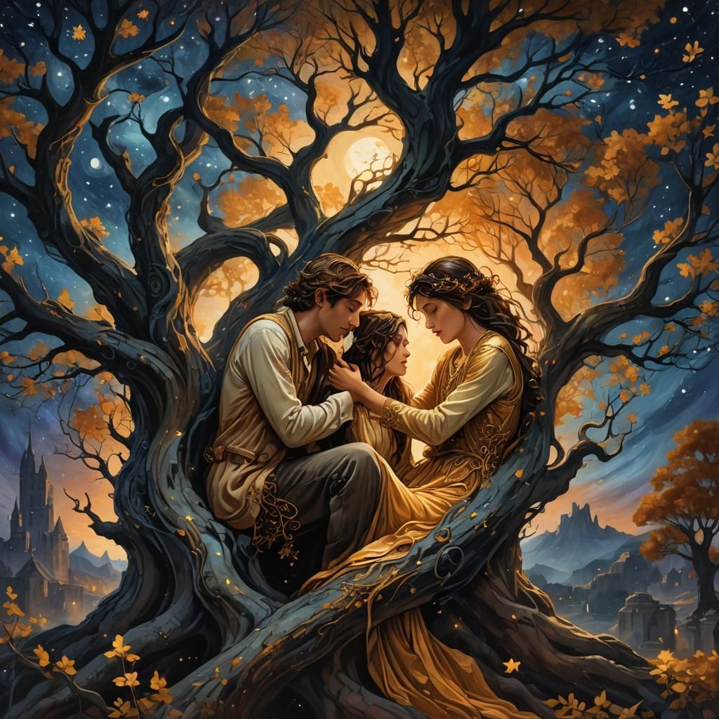 Lovers Embrace in Ethereal, Expressionist Landscape